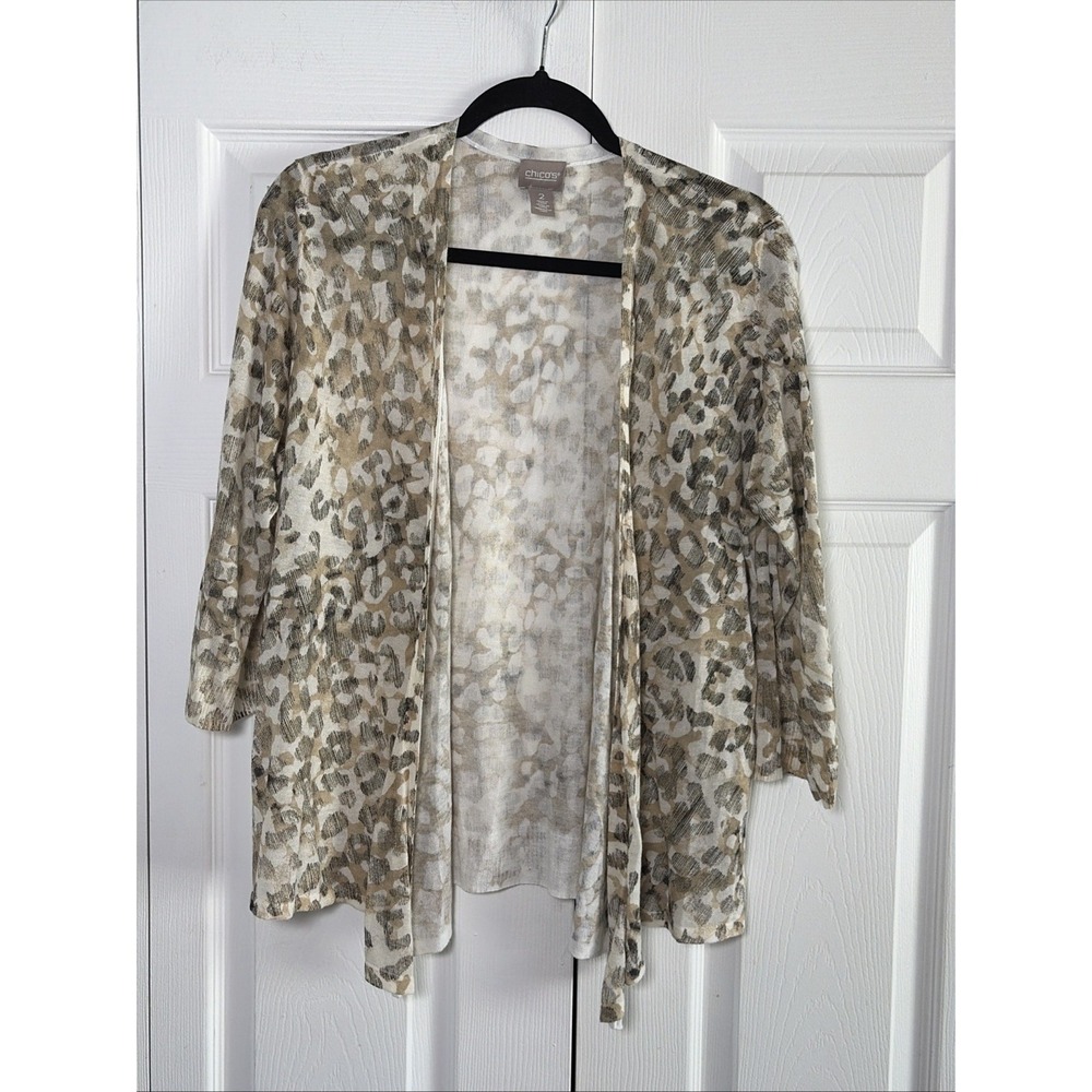 Chicos Animal Print Open Front Cardigan Womens Size 2 L Tan Brown Ramie Rayon